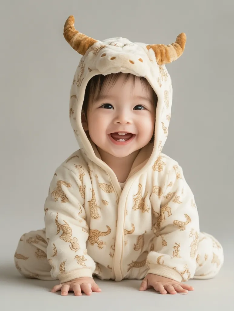 A cheerful baby, possibly six months old, is captured in a full shot.  The baby is dressed in an adorable cream-colored hooded onesie adorned with small dinosaur prints. The hood is designed with whimsical dragon horns, adding to the outfit's playful charm.  The baby's joyful expression is clearly visible, showcasing a wide, toothy grin. The image is simple yet effective, highlighting the baby's cuteness and the unique design of their clothing. The background is a neutral gray, keeping the focus entirely on the baby.