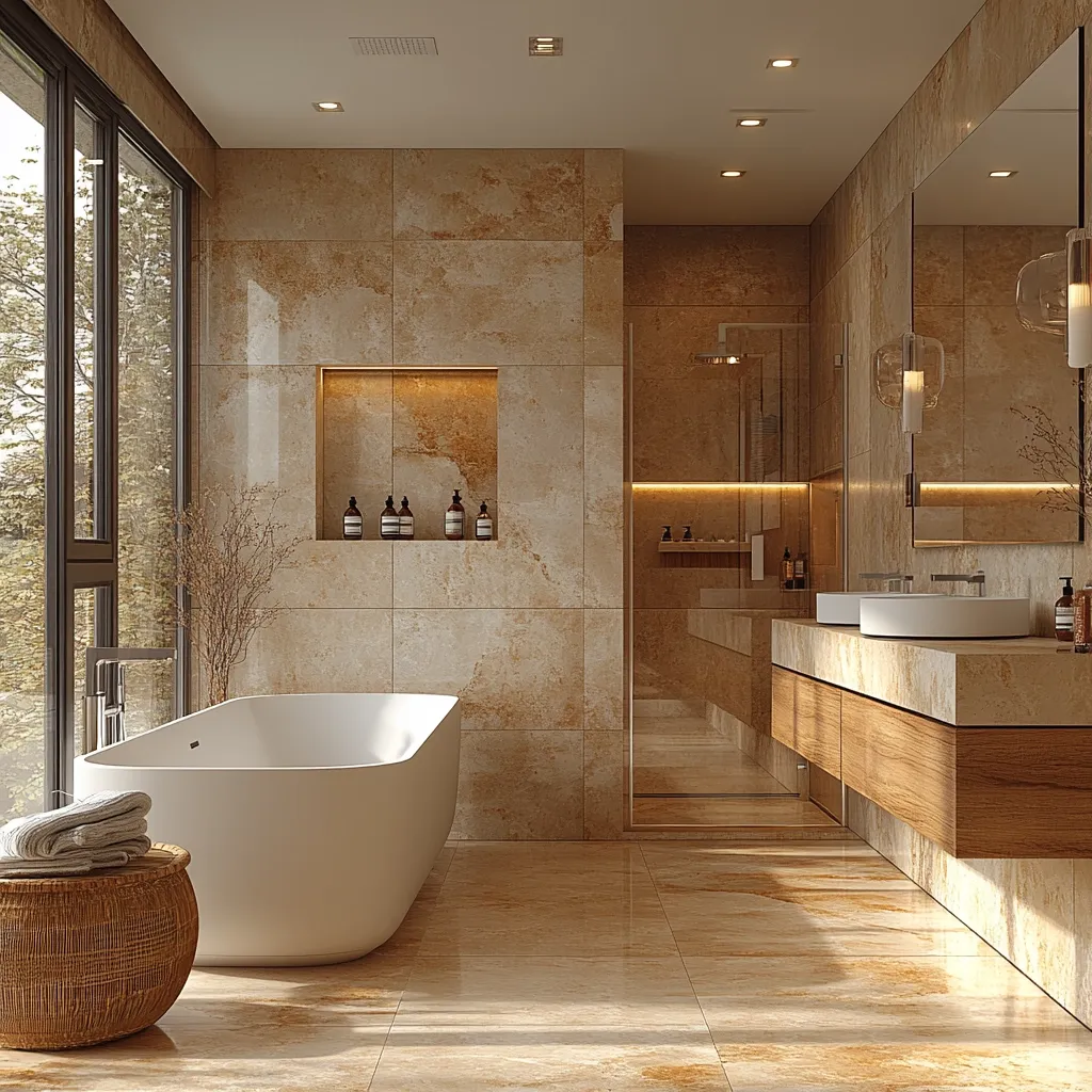 Here's a description of the image:

A luxurious modern bathroom boasts large, light beige marble tiles, creating a warm and spacious feel. A freestanding white bathtub sits near a large window overlooking trees.  A wooden double vanity with integrated sinks is complemented by a large mirror.  Subtle lighting illuminates the space, enhancing the elegant design.  A woven basket holds towels, adding a touch of natural texture. The overall aesthetic is sophisticated and serene.