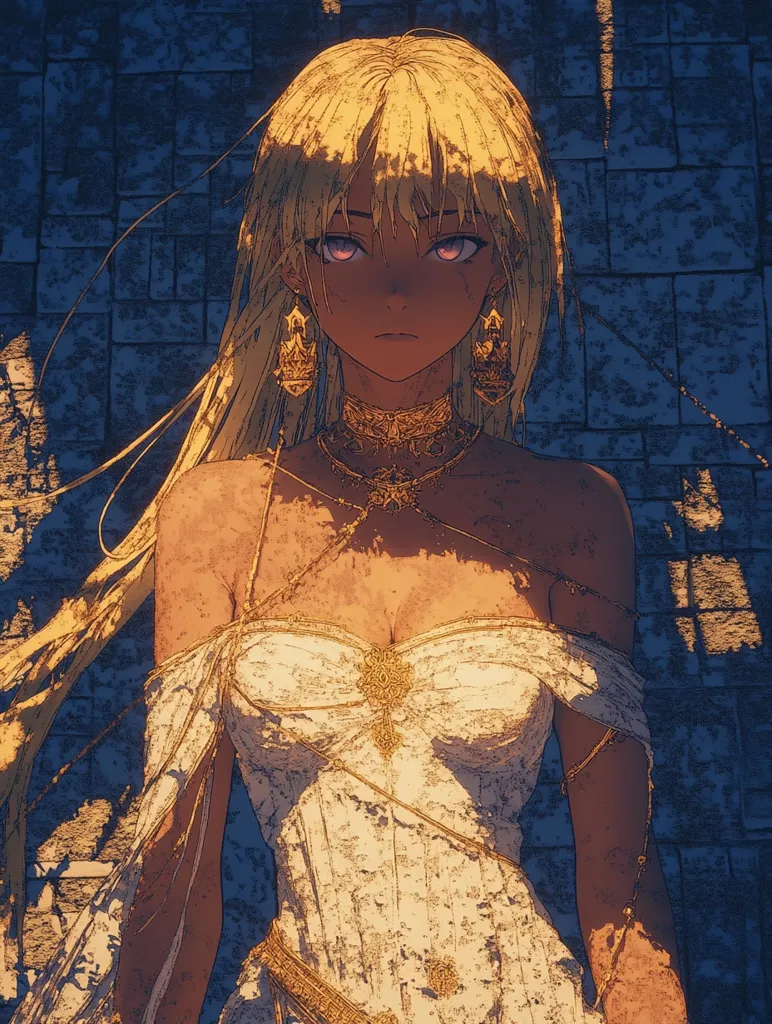 The image is a stylized portrait of a young woman with long, flowing blonde hair.  She has dark skin and striking purple eyes.  She's adorned in an off-the-shoulder white gown embellished with gold detailing, and wears numerous gold necklaces and earrings. The background is a textured, dark blue stone wall, creating a contrast with the warm tones of her clothing and skin. The overall style is reminiscent of fantasy art or digital painting, with a slightly grainy texture. The woman's expression is serious and direct, captivating the viewer's attention.