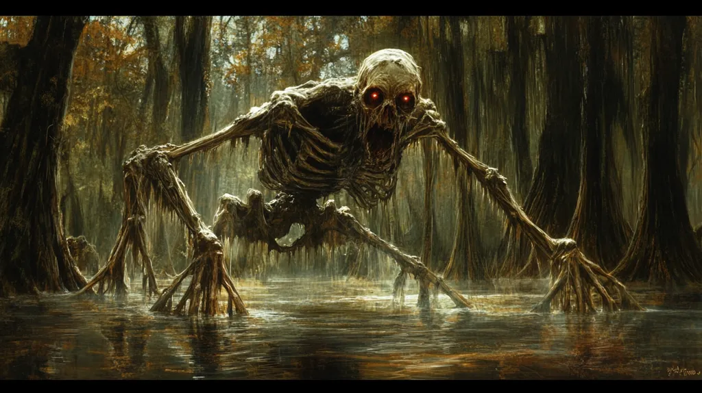 Here is a description of the image:

The artwork depicts a terrifying skeletal creature emerging from a swamp. Its emaciated form, with exposed ribs and bones, is partially submerged in murky water.  Glowing red eyes peer out from the skull-like head, adding to its menacing appearance. Long, spindly limbs extend from its body, appearing almost rooted to the swamp’s bottom. The creature is surrounded by the dark, still waters of a swamp, with gnarled cypress trees looming in the background, creating an eerie and foreboding atmosphere. The overall style is dark fantasy, suggestive of a creature from a nightmare or legend.