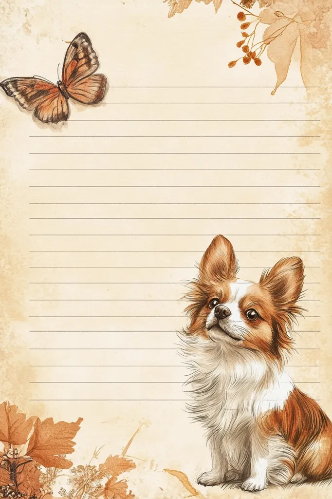 Here's a description of the image:

The image is a stationery design featuring a lined beige paper background reminiscent of aged parchment.  At the top left, a brown butterfly is delicately sketched.  The right side showcases a charming illustration of a long-haired Papillon dog, sitting and looking upward.  Autumnal elements are subtly incorporated with brown leaves and berries scattered around the edges, enhancing the vintage aesthetic. The overall style is soft, with muted colors and detailed pencil-like shading, creating a peaceful and nostalgic mood.