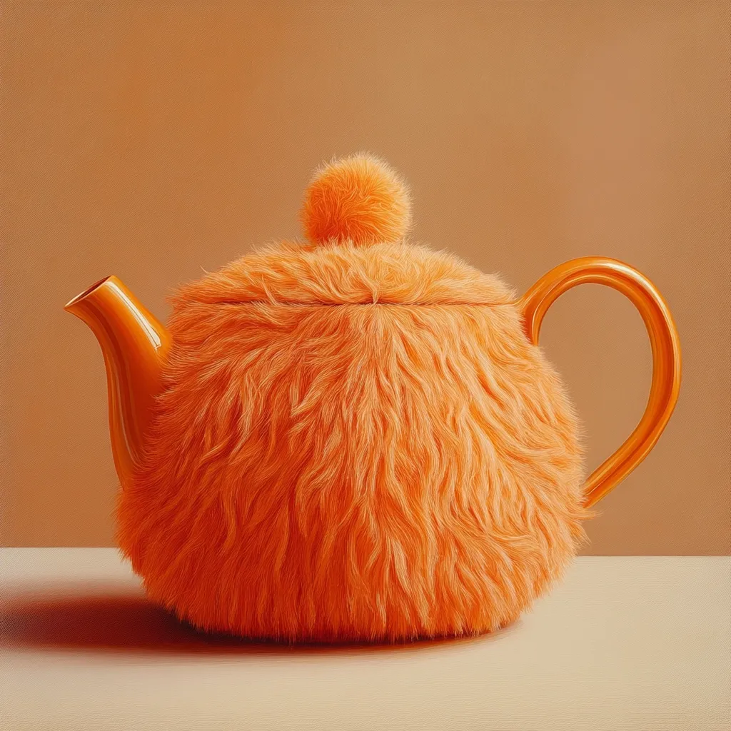 Here's a description of the image:

The image shows a close-up of a teapot entirely covered in bright orange, shaggy fur. The fur is thick and textured, giving the teapot a soft, almost plush appearance. A smaller, matching orange fur pom-pom tops the lid. The teapot's ceramic base is visible at the spout and handle, which are a slightly darker shade of orange. The background is a muted, pale orange, providing a neutral backdrop that contrasts with the vibrant teapot. The scene is lit softly, emphasizing the texture of the fur. The overall impression is one of whimsical, unexpected artistry.