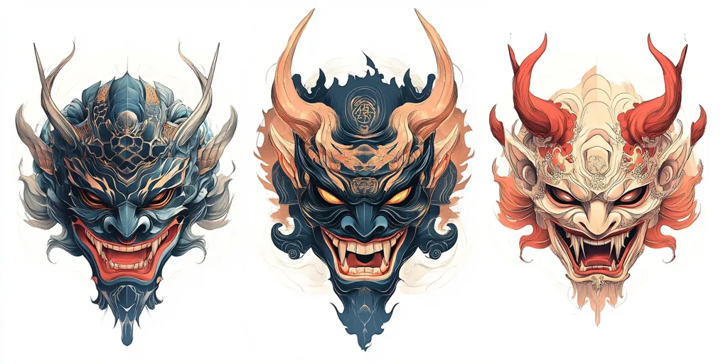 The image showcases three intricately detailed oni masks, figures from Japanese folklore.  Each mask boasts unique colors and designs; one is predominantly blue with gold accents, another is dark blue and gold, and the third is a striking red and white.  They all feature sharp horns, fierce expressions, and elaborate ornamentation, suggesting a powerful and supernatural presence. The style is highly stylized, blending traditional Japanese aesthetics with a contemporary graphic sensibility.