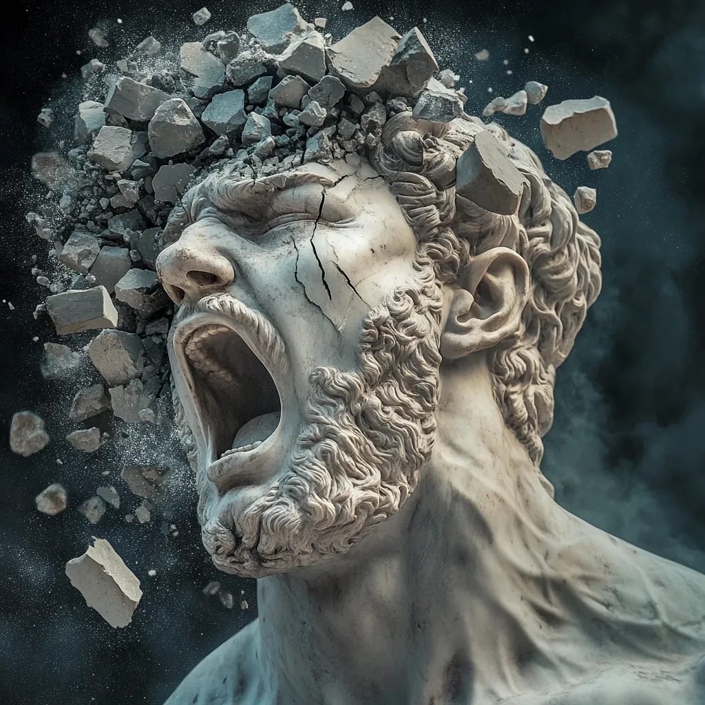 Here's a description of the image:

The image is a digitally enhanced or created artwork depicting a classical bust of a bearded man, seemingly made of marble. The bust is not intact; its head is shattering, with numerous fragments flying outward, creating a dynamic sense of destruction and disintegration. The man's mouth is open in a silent scream, adding to the feeling of intense emotional turmoil or mental breakdown. The background is dark and moody, with hints of smoke or dust enhancing the dramatic effect. The overall style blends classical sculpture with digital art techniques, suggesting themes of fragility, inner conflict, or the breakdown of composure.