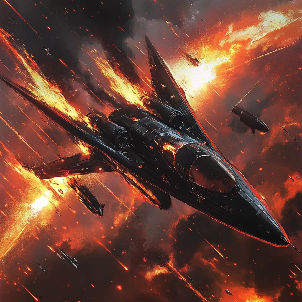 Here's a description of the image:

The image depicts a futuristic, black spaceship engulfed in flames, seemingly in the midst of a fierce aerial battle.  The spaceship is sleek and angular, its design suggesting advanced technology.  It's surrounded by fiery streaks and explosions, implying intense combat. Other smaller, damaged vessels are visible in the background, adding to the chaotic scene. The overall color palette is dominated by fiery oranges and reds contrasted against the dark spaceship and smoke, creating a dramatic and intense visual. The scene suggests a desperate struggle for survival within a fiery, hostile environment.