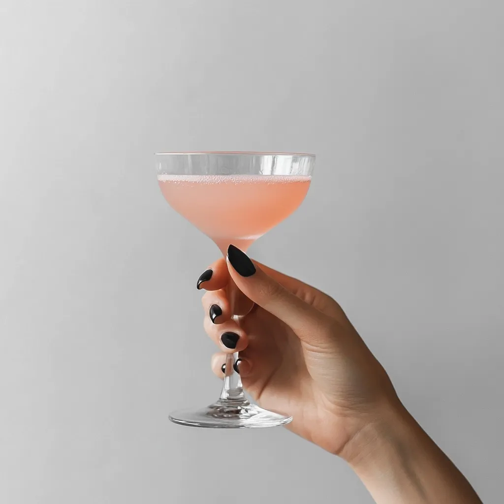 A hand with dark nail polish delicately holds a coupe glass filled with a pale pink, bubbly beverage.  The glass is stemmed and elegant, showcasing the drink's color against a neutral gray background. The overall aesthetic is minimalist and sophisticated, suggesting a celebratory or refined moment. The image focuses on the hand and drink, creating a clean and simple composition.
