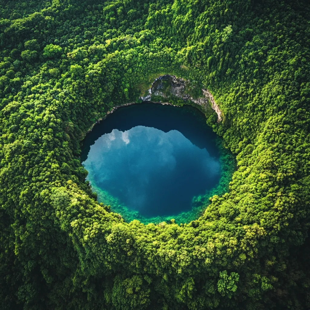 Here is a description of the image:

An aerial shot reveals a breathtakingly vibrant, circular lake nestled within a lush, verdant tropical forest. The lake's deep turquoise water mirrors the sky above, creating a striking contrast against the rich green foliage. The surrounding vegetation is dense and uniform, suggesting a healthy and thriving ecosystem. The perfect circular shape of the lake, surrounded by the forest, creates a visually captivating scene. The overall image is one of serene beauty and natural wonder.