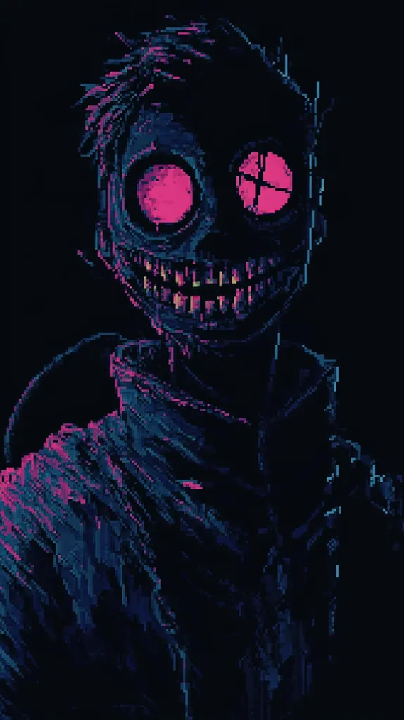 The image is a pixel art depiction of a stylized humanoid figure against a black background.  The figure has large, glowing pink eyes, a wide, unsettling grin revealing numerous teeth, and spiky, dark hair. Its clothing appears dark and textured, almost dissolving into the background. The overall aesthetic is dark, eerie, and slightly unsettling, combining digital art with a sense of grotesque caricature.  The pixelated style adds to the image's unique and somewhat retro feel.