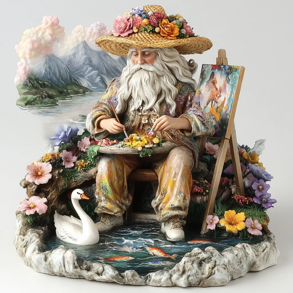 This is a detailed figurine of a whimsical Santa Claus, adorned with a flower-covered hat, seated by a pond.  He’s meticulously painting on a palette, with an easel displaying his artwork nearby.  The scene is lush with vibrant flowers and foliage, and a graceful white swan floats in the water alongside colorful fish.  A serene, mountainous backdrop completes the idyllic setting. The overall style is highly decorative and artistic, suggesting a handcrafted piece.