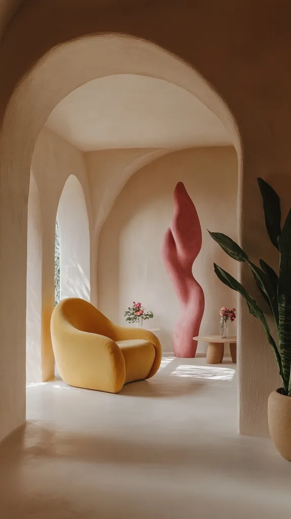 Here's a description of the image:

The image showcases a minimalist interior design. A mustard yellow, plush armchair sits centrally in a light beige, arched hallway.  A tall, abstract pink sculpture stands behind it, adding a pop of color.  Small bouquets of flowers and a low, round side table are subtly placed, enhancing the tranquil mood. A potted plant with broad leaves adds a touch of nature to the scene, completing the serene and stylish atmosphere. The overall palette is soft and calming, emphasizing clean lines and curved architectural features.