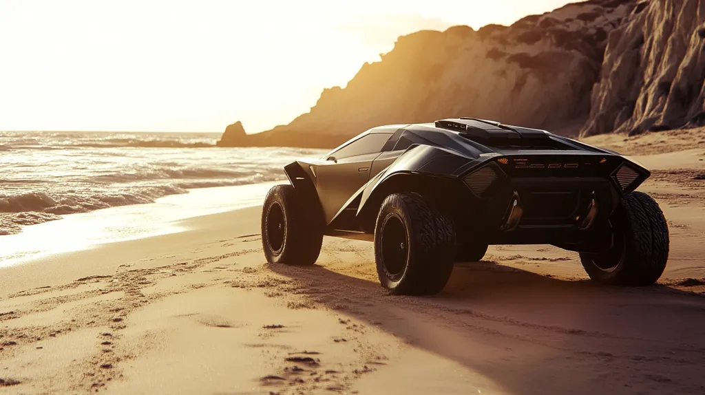 Here's a description of the image:

A sleek, dark-colored off-road vehicle, possibly a concept car, is parked on a sandy beach at sunset.  The vehicle has large, rugged tires and a low profile. The setting sun casts a warm golden light, illuminating the vehicle and the ocean waves gently lapping the shore in the background.  Cliff faces rise in the distance, creating a dramatic backdrop. The overall mood is one of adventure and luxury in a rugged, natural environment.