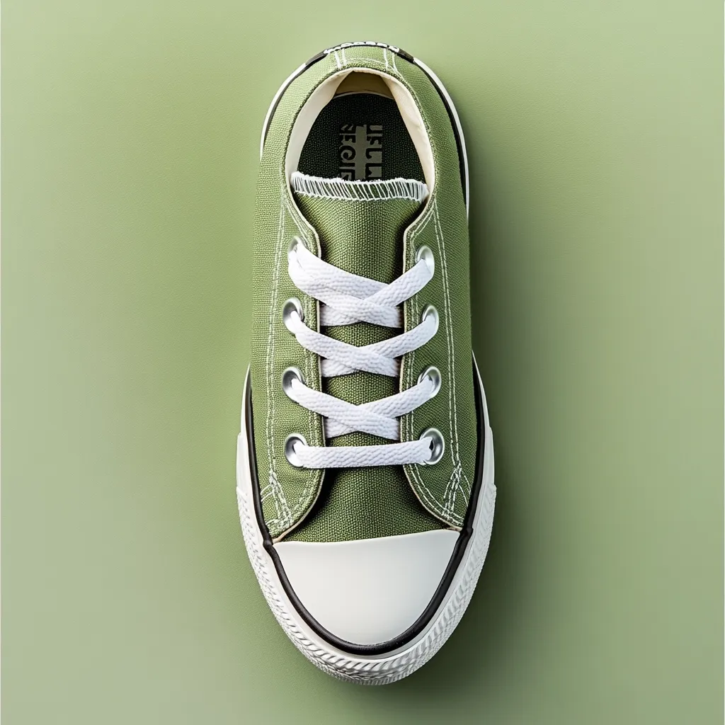 Here's a description of the image:

The image shows a single, olive-green Converse Chuck Taylor All Star low-top sneaker, viewed from directly above.  The shoe is laced with white laces in a standard crisscross pattern.  The canvas upper is a muted olive green, and the sole is off-white with a black stripe around the edge. The inside of the shoe shows a small black label. The shoe sits on a matching olive-green background. The overall presentation is clean and minimalist.