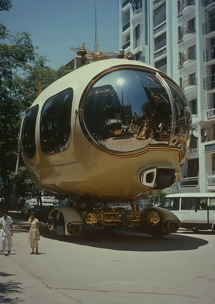 Here is a description of the image:

A large, ovular, futuristic vehicle dominates the foreground. Its pale beige body is accented with gold detailing, and features large, circular windows reflecting a sunlit cityscape.  The vehicle rests on a modified chassis with visible wheels and mechanical components. Two pedestrians, a man and a woman, are visible in the background, providing a sense of scale. The background features a tall, light-colored building and lush green trees, hinting at a city setting on a sunny day. A white van is parked behind the main vehicle. The overall impression is one of a striking, unique piece of transportation design in an urban environment.