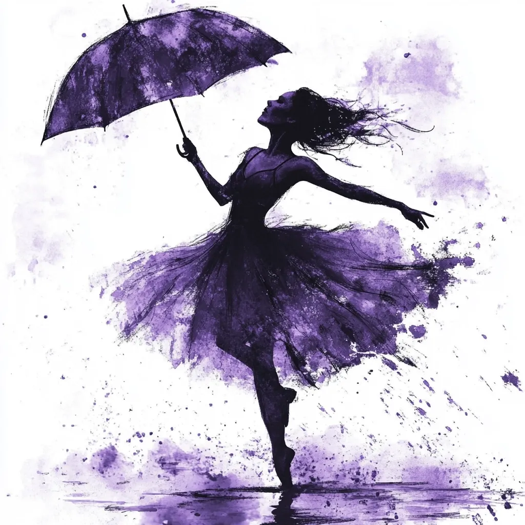 A watercolor painting depicts a ballerina in a purple tutu, gracefully holding a purple umbrella.  Her hair flows in the wind, suggesting movement and perhaps rain.  The style is impressionistic, with splashes of color creating a sense of atmosphere. The ballerina's pose is elegant and poised, despite the dynamic suggestion of the wind and rain. The overall effect is dreamy and evocative.