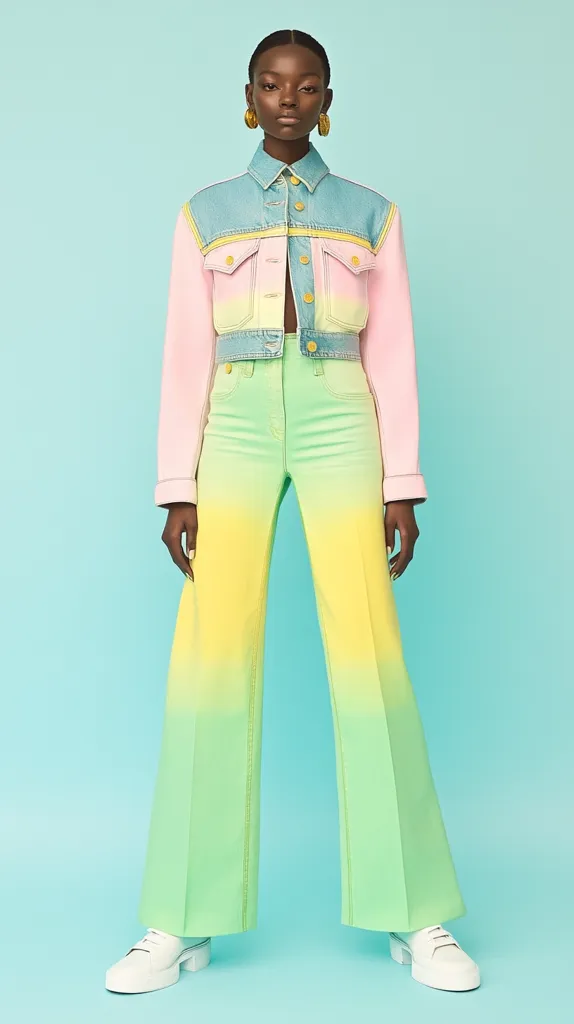 A fashion model with dark skin and short hair poses against a light teal background. She wears a pastel ombre denim jacket with a light blue top, pink midsection, and yellow-green bottom. The jacket is cropped, revealing a pair of wide-leg ombre jeans in matching pastel yellow-green. The pants also feature a gradient effect, transitioning from yellow at the top to a lighter green at the bottom. Her accessories include large gold hoop earrings and white platform sneakers.  The overall aesthetic is playful and vibrant.