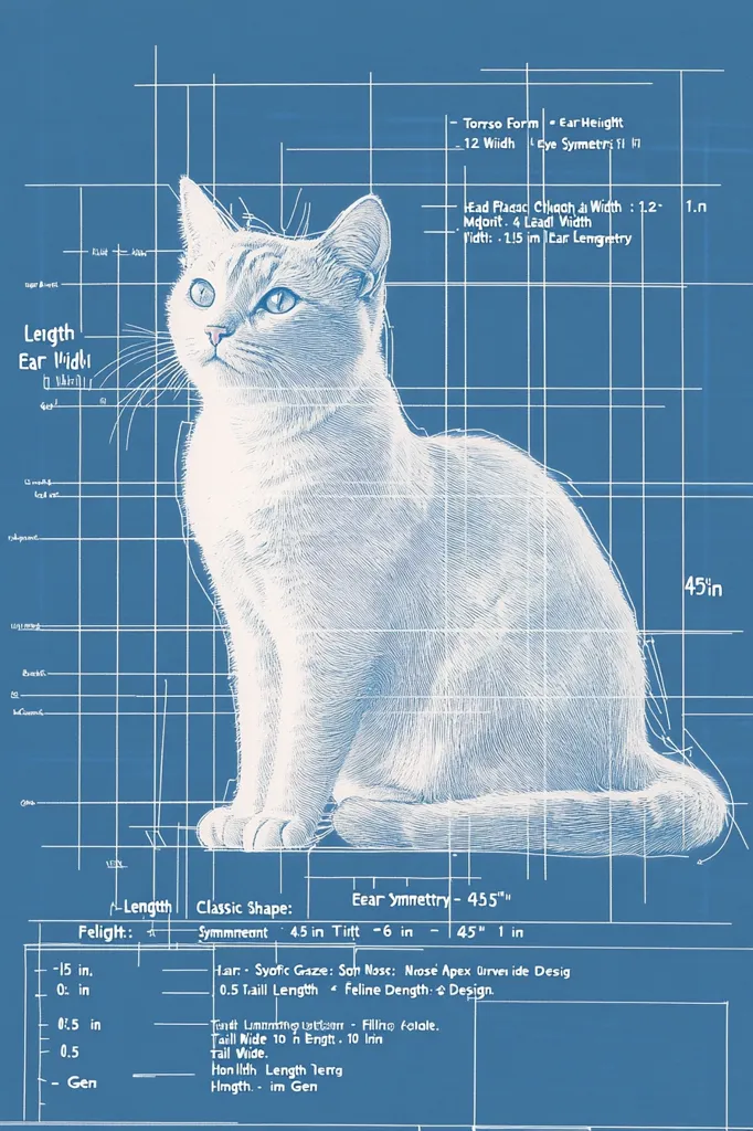 This image is a blueprint-style illustration of a cat, seemingly a stylized design or breed standard.  The cat is depicted in white on a blue background, overlaid with a grid system and detailed measurements for various body parts, such as ear height, head width, and tail length.  Annotations describe features like ear symmetry and overall shape, suggesting a focus on precise anatomical proportions.  The style evokes technical drawings or engineering diagrams.