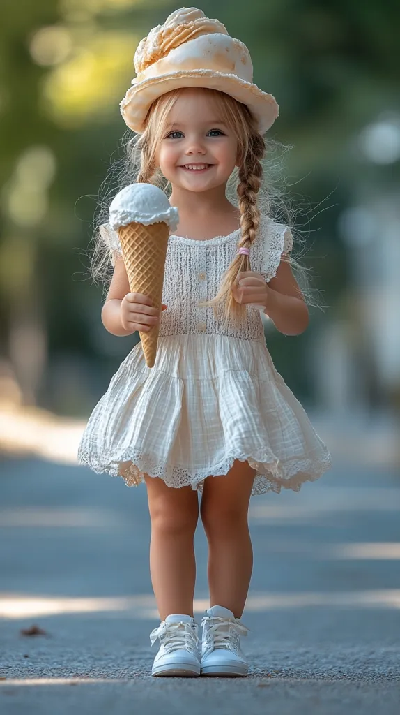 A charming toddler girl, adorned in a cream-colored dress and white sneakers, stands on a road.  Her blonde hair is styled in pigtails, and she wears a whimsical hat shaped like stacked ice cream scoops.  She holds a large ice cream cone, her smile radiating joy. The background is softly blurred, focusing attention on the adorable child. The overall mood is sweet and innocent.