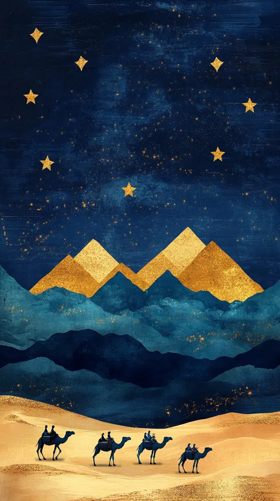 A stylized desert landscape at night is depicted. Gold-accented mountains rise against a deep blue sky scattered with glittering gold stars.  Four camels, each carrying riders, traverse a sandy plain towards the mountains. The overall aesthetic blends realism with a touch of fantasy, suggesting a journey under a celestial guide. The color palette is dominated by deep blues and golds, creating a luxurious and mystical atmosphere.