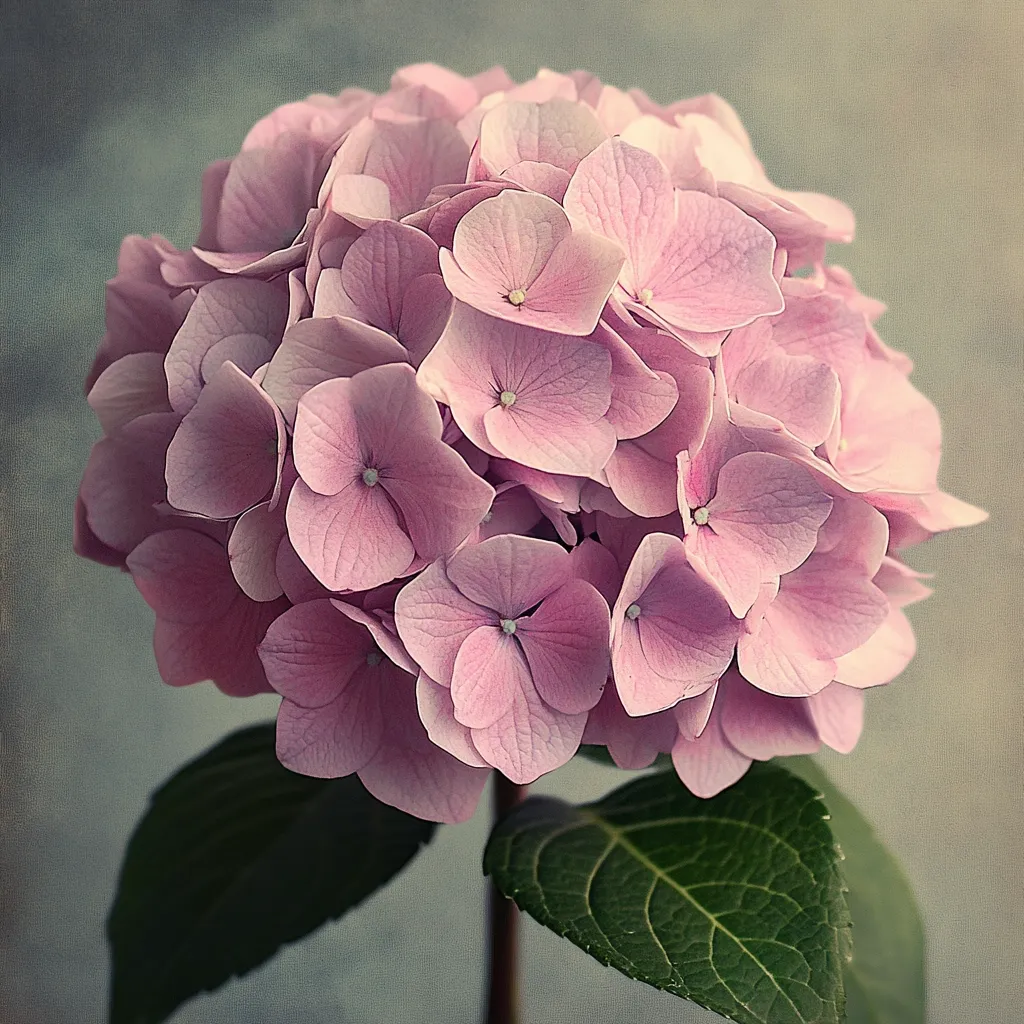 Here's a description of the image:

A close-up shot showcases a delicate, pale pink hydrangea in full bloom.  Numerous small florets cluster together to form a large, round bloom. The petals are soft and slightly textured, giving a gentle, romantic feel.  The hydrangea is attached to a dark green stem with a single, large leaf visible beneath the flower. The background is a muted, textured gray, providing a neutral contrast that emphasizes the hydrangea's delicate beauty.  The overall style evokes a vintage or antique aesthetic.