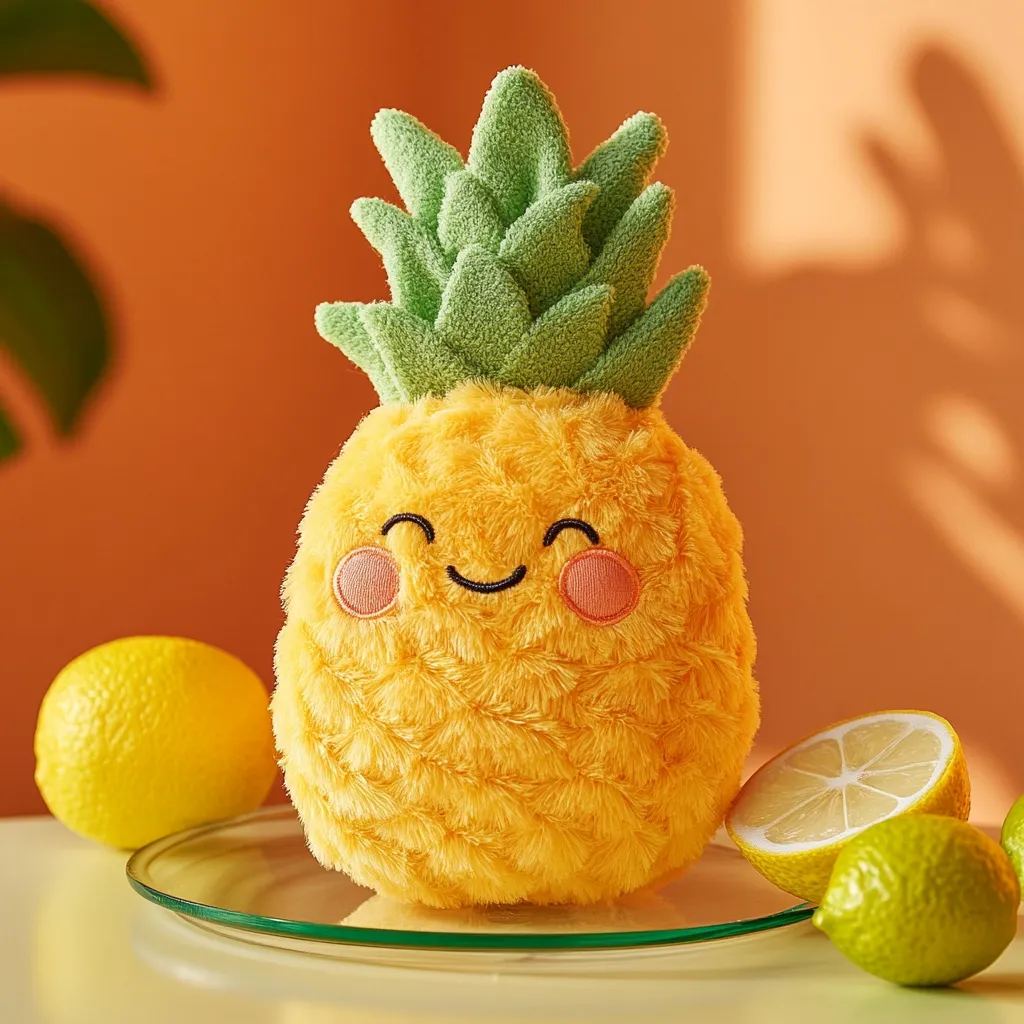 A plush pineapple toy with a smiling face sits on a glass plate.  Its yellow fur is textured, and its green crown is fluffy.  Two lemons and a lime are arranged around the base of the pineapple, creating a vibrant, fruity scene against a warm orange backdrop. The image is bright and cheerful, highlighting the soft, cuddly nature of the pineapple toy.