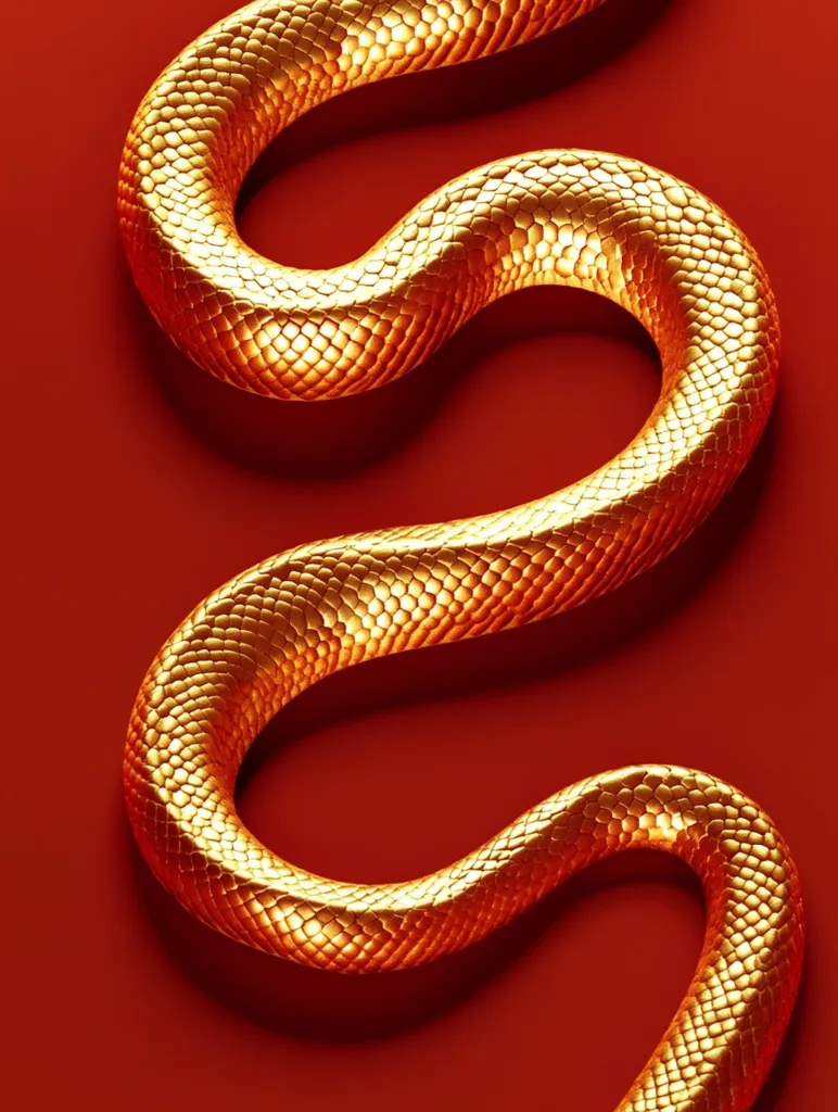 The image shows a stylized, golden snake against a vibrant red background.  The snake is depicted in a flowing, serpentine form, its scales meticulously detailed and gleaming. The gold is highly polished, giving it a luxurious and opulent appearance. The contrast between the rich gold and deep red creates a striking visual effect, possibly suggestive of wealth, prosperity, or a celebratory theme. The overall aesthetic is sophisticated and visually arresting.