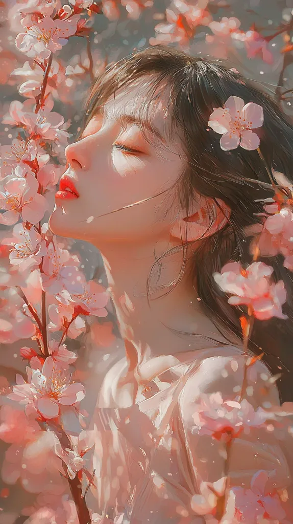 A digital painting depicts a young woman with long dark hair, eyes closed, and lips slightly parted.  She is surrounded by delicate, light pink cherry blossoms, which appear to be falling around her. The overall color palette is soft and pastel, creating a dreamy and ethereal atmosphere. The style is painterly, with soft brushstrokes and a focus on light and shadow. The image evokes a sense of peace and tranquility.