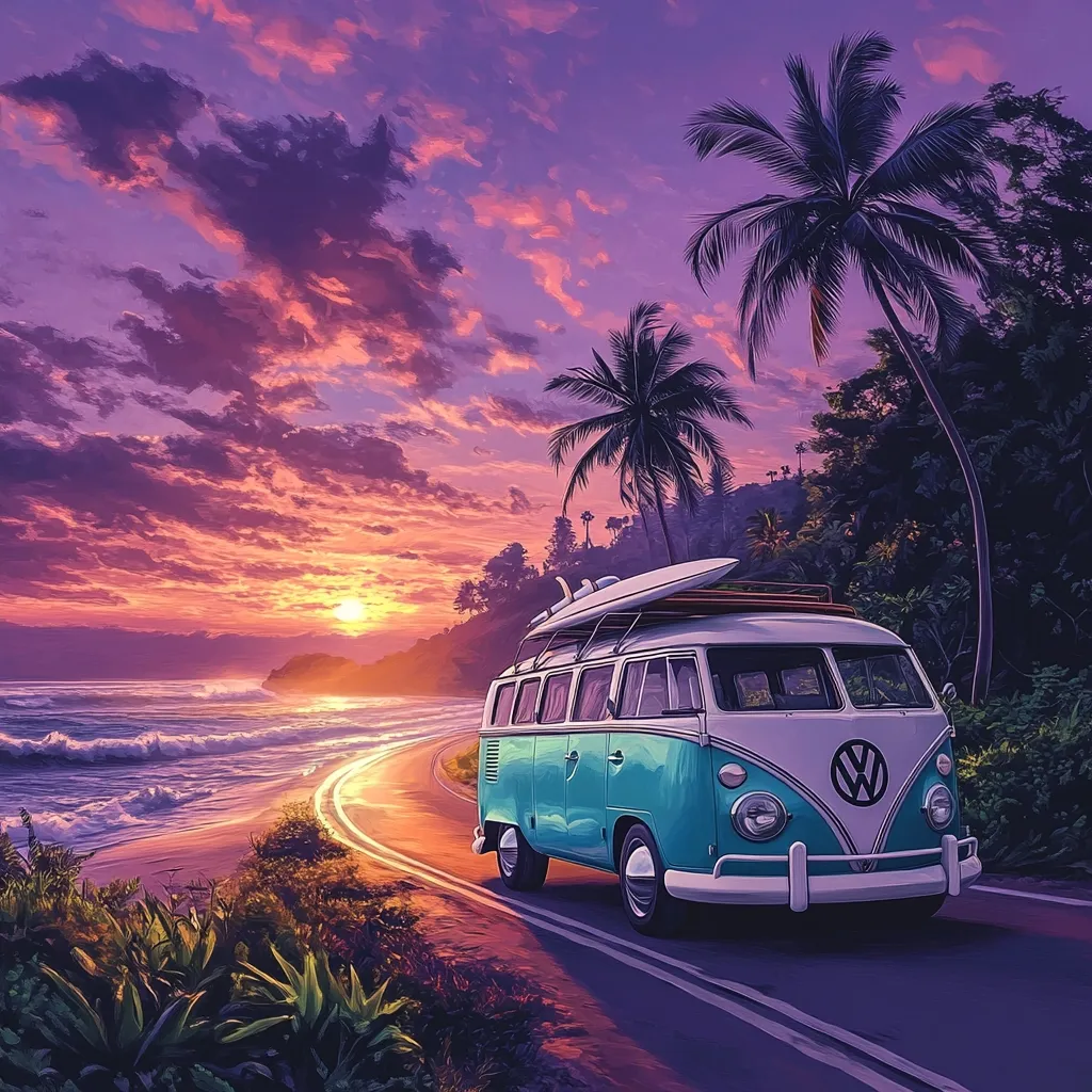 A teal Volkswagen bus, carrying surfboards on its roof, drives along a coastal road at sunset.  The sky is a vibrant mix of purples, oranges, and pinks, reflecting in the gentle ocean waves. Lush tropical vegetation, including tall palm trees, lines the road, creating a picturesque, idyllic scene. The overall mood is serene and evokes feelings of freedom and adventure.