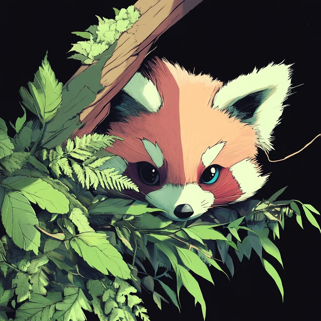 Here's a description of the image:

The illustration features a red panda nestled amongst lush green foliage, partially obscured by leaves and a weathered wooden branch. The panda's face is prominent, showcasing large, expressive eyes—one dark, the other a striking blue—and a small, dark nose. Its fur is rendered with a blend of reddish-brown and lighter peach tones, creating a soft texture. The background is a deep black, providing a stark contrast to the vibrant colors of the panda and the greenery. The overall style is reminiscent of stylized digital art, with meticulous attention to detail in the fur and leaves.