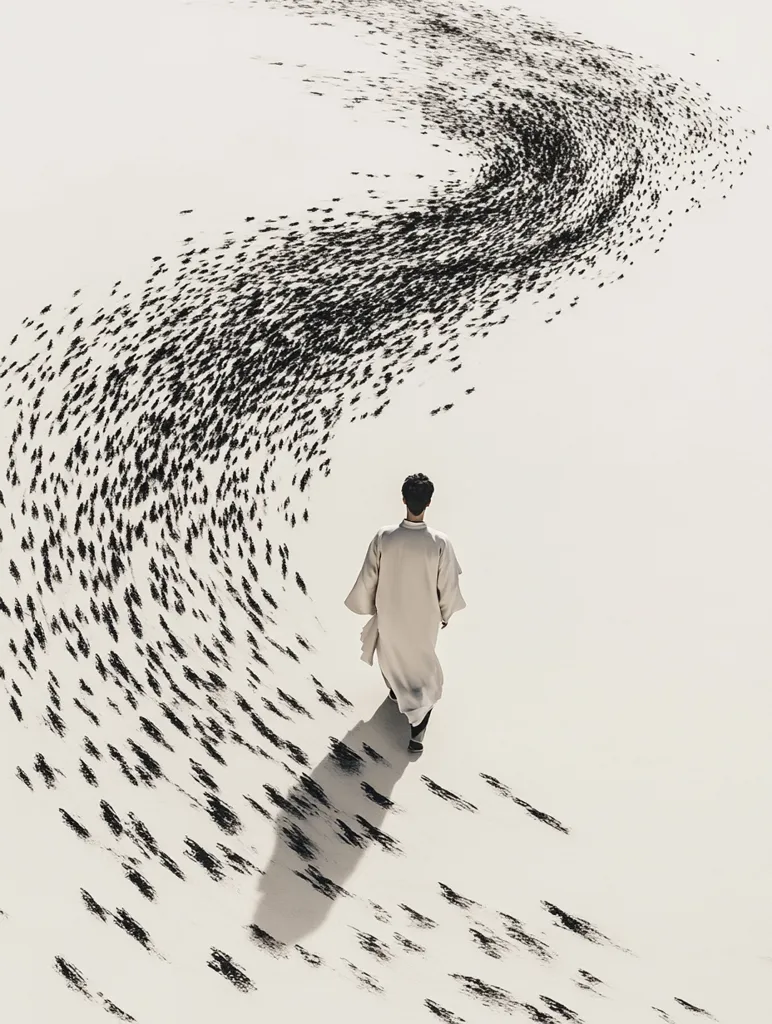 A lone figure, dressed in a long, light-colored robe, walks away from the viewer.  Their path is a swirling, meandering trail of countless small, dark marks on a light surface, possibly sand or snow.  The marks resemble a flock of birds or a dense swarm of insects, creating a visually striking contrast against the single, solitary human form.  The scene evokes a sense of journey, contemplation, and perhaps even isolation. The overall aesthetic is minimalist and serene.