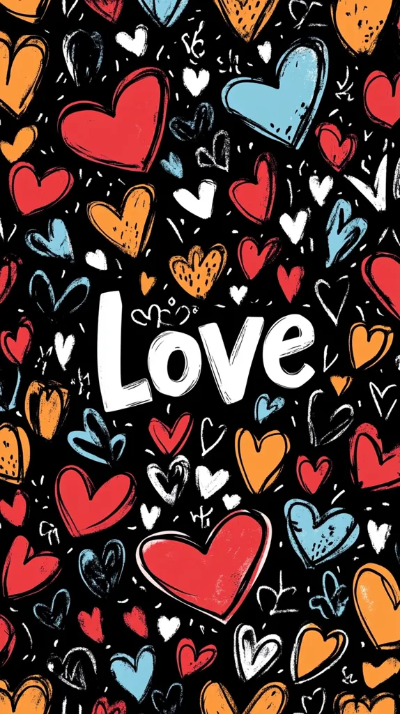 A vibrant, hand-drawn pattern of hearts in various colors and sizes fills the image.  The word "LOVE" is prominently displayed in large, white, stylized lettering. The hearts are rendered in a textured, almost painted style, with shades of red, orange, blue, and white against a black background. The overall style is playful and expressive, suggesting a theme of love and affection.  Smaller, abstract heart shapes add to the busy, romantic design.