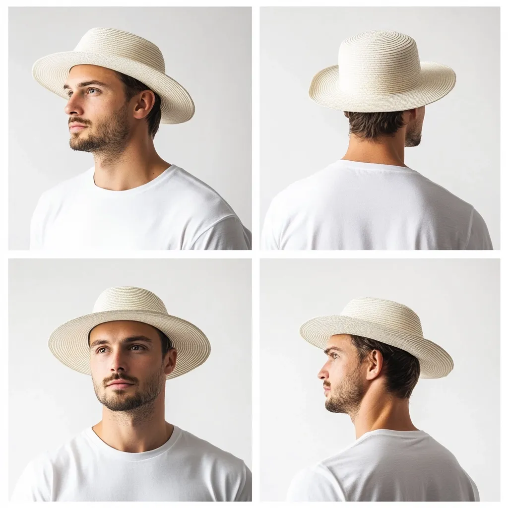 Here's a description of the image:

The image shows a collage of four photos featuring a man modeling a cream-colored straw boater hat. Each photo presents a different angle: a three-quarter view from the front, a rear view, a three-quarter view from the side (facing left), and a three-quarter view from the side (facing right).  The man is clean-shaven with a short beard and is wearing a plain white t-shirt in all four shots. The background is a consistent, neutral light gray. The hat is a flat-crowned, round style with a small brim.  The overall style is simple and clean, showcasing the hat effectively.