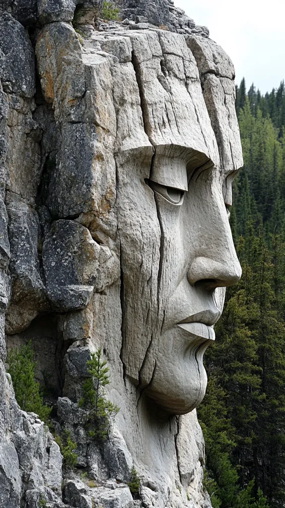 Here is a description of the image:

The image shows a colossal, weathered stone face carved into a cliffside.  The face, appearing pensive or sorrowful, is partially obscured by natural cracks and fissures in the rock, which enhance its aged and somewhat mournful expression. The stone is light gray, showing variations in texture and tone.  The background consists of a dark green coniferous forest, providing a stark contrast to the light-colored sculpture. Small evergreen trees sprout from crevices in the rock face near the sculpture. The overall impression is one of monumental scale and the passage of time.