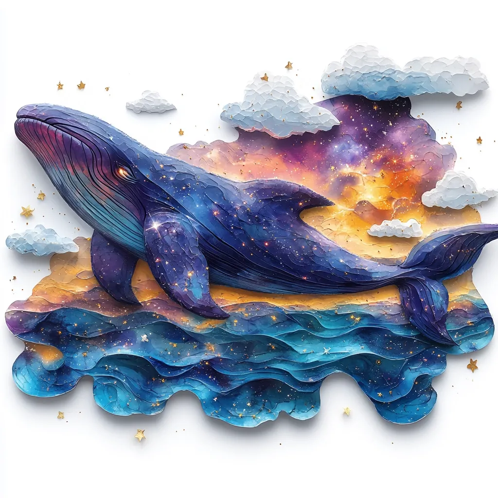 A breathtaking 3D artwork depicts a whale soaring through a cosmic ocean.  The whale, rendered in shades of deep blue and purple, is textured to resemble a celestial body, speckled with gold glitter.  It swims above a textured, wavy ocean mirroring the cosmic background, a blend of blues, purples, and oranges suggesting a nebula or sunset.  Fluffy, sculpted clouds and scattered gold stars complete the whimsical, fantastical scene.  The overall style is dreamy and imaginative.