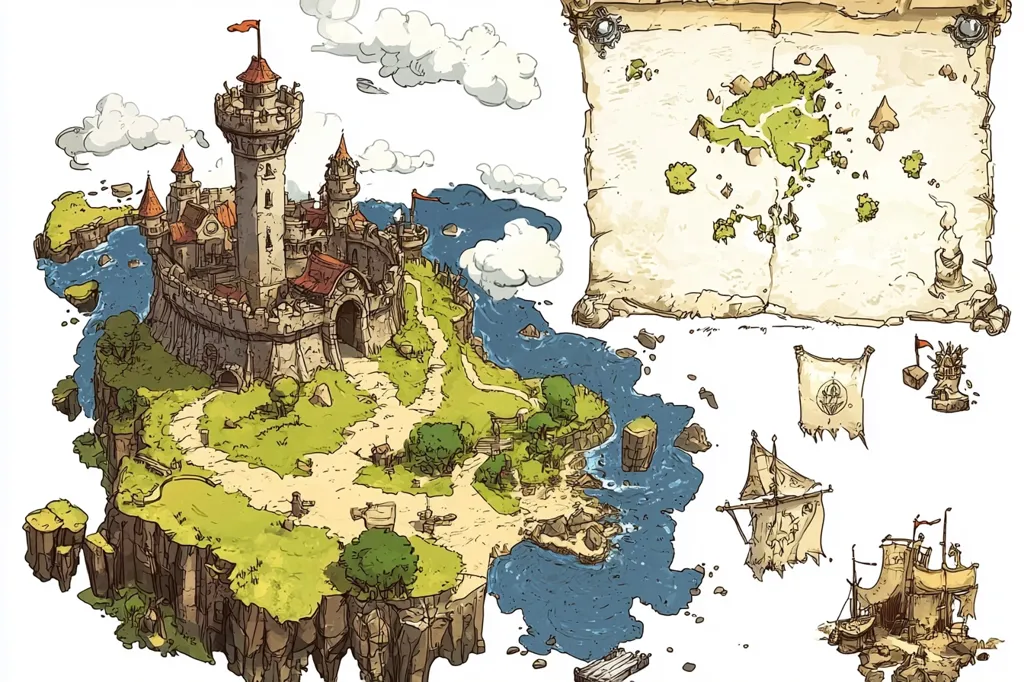 This whimsical illustration depicts a coastal castle situated on a floating island.  The castle, rendered in a cartoon style with stone walls and a tall central tower, is surrounded by verdant hills and a rocky coastline.  A tattered map of an archipelago accompanies the image, along with smaller illustrations of ships and a tower, suggesting a game or story setting. The overall style is lighthearted and adventurous.