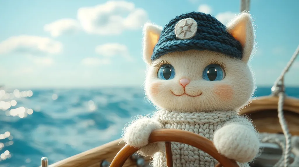 Here's a description of the image:

A charming, fluffy white kitten, wearing a knitted blue sailor's cap with a star emblem and a matching cream-colored sweater, sits at the helm of a sailboat. Its large, expressive blue eyes gaze towards the horizon. The background features a sparkling blue ocean under a bright, slightly cloudy sky. The scene evokes a feeling of warmth, adventure, and whimsical charm. The kitten's soft fur and the gentle sea create a peaceful and delightful image.