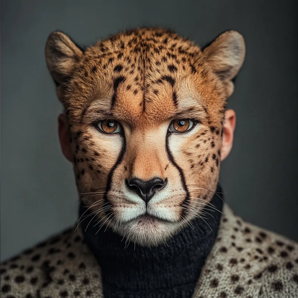 Here's a description of the image:

The image is a striking portrait of a person whose face has been digitally altered to resemble a cheetah's head. The transformation is seamless, merging human features with the feline's spots and intense gaze. The subject wears a turtleneck and a speckled coat that complements the cheetah's pattern, creating a cohesive and surreal effect. The background is a simple, dark gray, drawing all attention to the meticulously crafted, captivating central figure. The overall mood is one of intriguing juxtaposition and artistic skill.