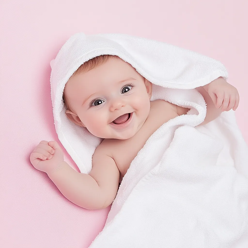 Here is a description of the image:

A baby, swaddled in a white hooded towel, lies on a pink background.  The baby's face is visible, showcasing a wide, joyful smile and bright, expressive eyes. The towel is soft and fluffy, draping around the baby's body.  The baby's arms are slightly outstretched, and a sense of contentment and happiness radiates from the image.  The overall aesthetic is clean, bright, and cheerful.