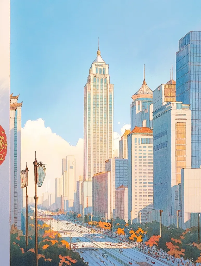 Here's a description of the image:

The illustration depicts a sunlit cityscape, likely in China, showcasing a broad avenue lined with modern high-rises and traditional-style buildings.  A tall, slender skyscraper dominates the center, flanked by buildings of varying heights and architectural styles. The street is filled with cars and pedestrians, suggesting a bustling urban scene. Autumnal trees with orange and yellow leaves line the avenue, adding warmth to the pastel-toned palette of the artwork. The sky is a clear, pale blue, enhancing the tranquil yet vibrant atmosphere. The overall style is reminiscent of a stylized painting or print.