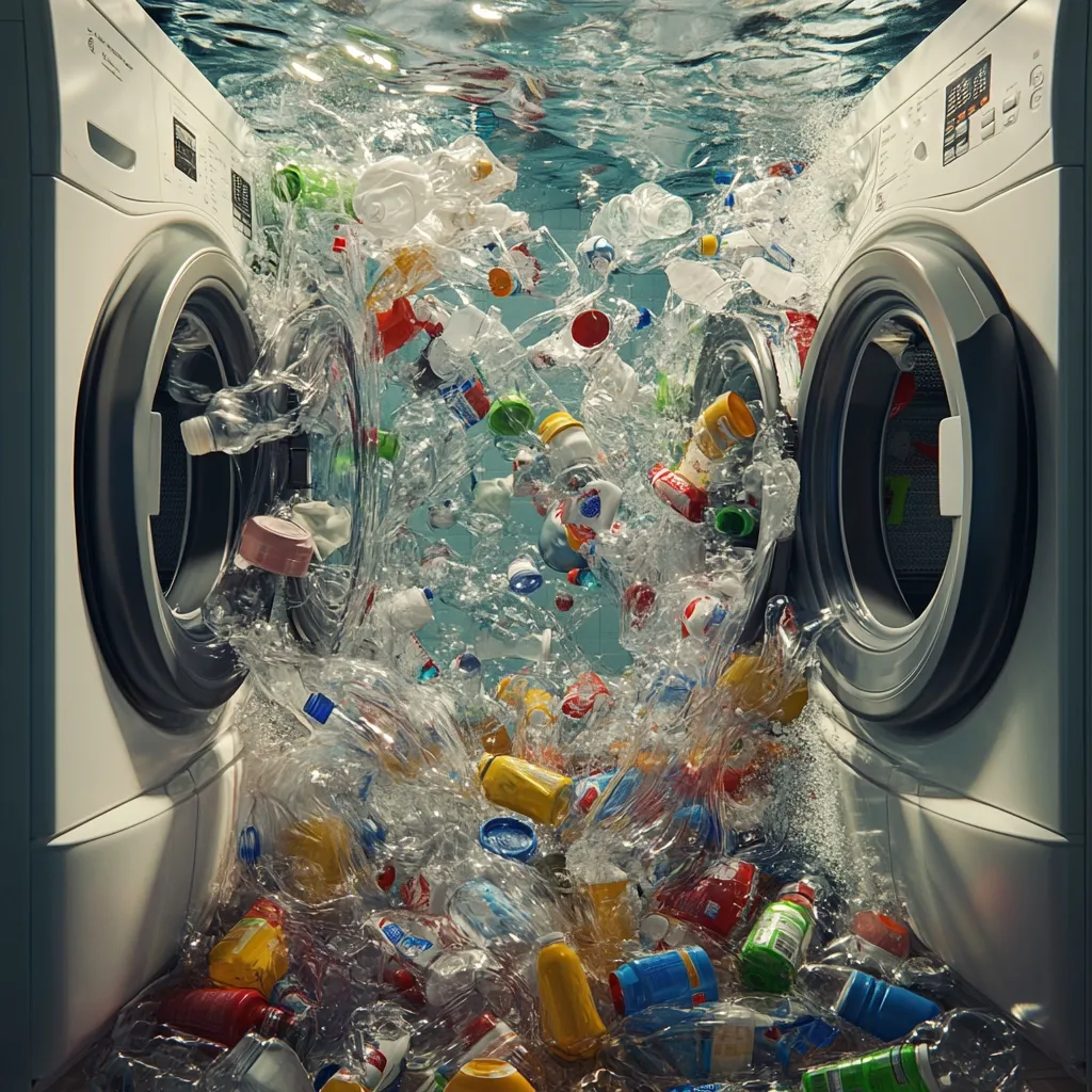 Here's a description of the image:

The image depicts two washing machines submerged underwater, with a torrent of plastic bottles, containers, and other debris erupting from their doors.  The water is murky, highlighting the pollution. The scene is surreal, suggesting the overwhelming amount of plastic waste generated and its impact on the environment.  The contrast between the clean-looking appliances and the chaotic mess of plastic waste emphasizes the message. The overall effect is striking and impactful.