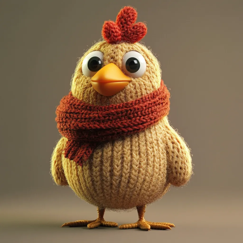 Here's a description of the image:

The image shows a charming, three-dimensional rendering of a chick.  The chick is entirely crafted from a light beige, textured material that resembles knitted yarn.  It sports large, expressive eyes and a small, orange comb.  A reddish-brown, knitted scarf is wrapped snugly around its neck. The chick stands on two small, proportionally sized legs, giving it a cute and cuddly appearance. The background is a simple, muted brownish-gray, which accentuates the chick's soft texture and colors.  The overall style is playful and whimsical.