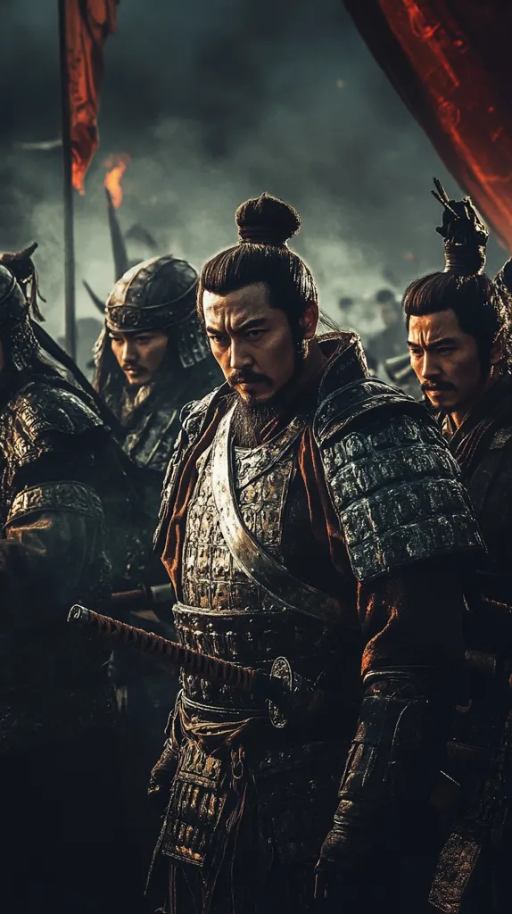 A stern-faced warrior, his hair in a topknot, dominates the foreground.  Clad in weathered, intricately detailed armor, he carries a katana.  Behind him, other similarly attired soldiers stand amidst a smoky battlefield, suggesting a scene of intense conflict or imminent battle.  The overall atmosphere is dark, gritty, and evocative of historical Asian warfare.  Flags and burning torches are partially visible in the background, adding to the dramatic tension.
