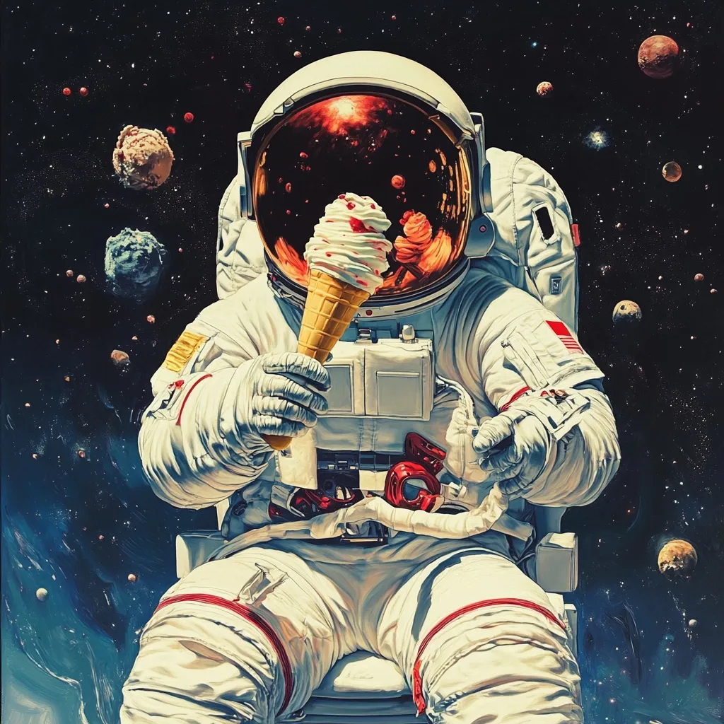 Here's a description of the image:

A stylized illustration depicts an astronaut, seated in their spacecraft, enjoying an ice cream cone. The astronaut's suit is detailed, showing creases and textures, and the helmet reflects the starry backdrop. The ice cream appears creamy and topped with strawberries. The background is a vibrant deep space scene with colorful asteroids and stars.  The overall tone is whimsical, contrasting the serious setting of space with the simple pleasure of a sweet treat. The artwork utilizes a blend of realism and artistic license, creating a surreal and captivating image.