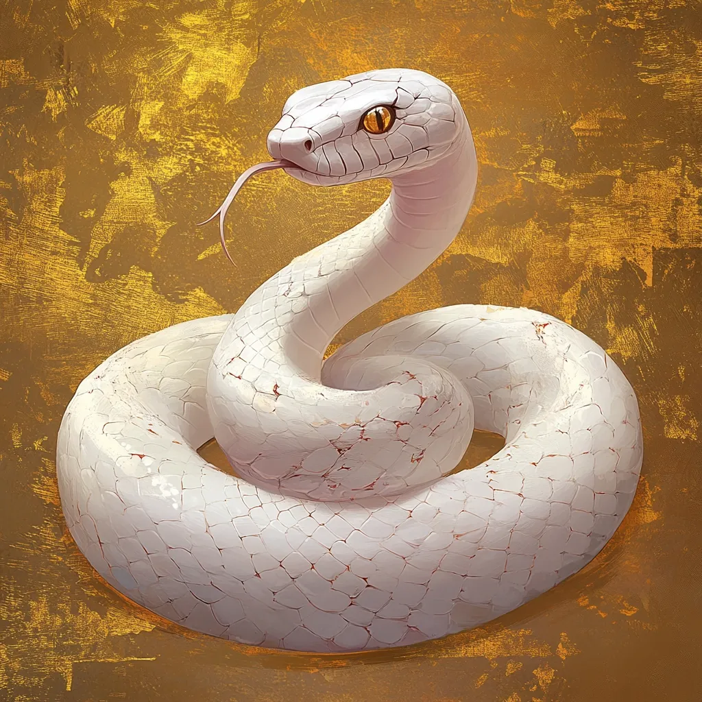 A digitally painted image depicts a white snake coiled on a gold background.  The snake's scales are detailed, appearing textured and slightly cracked. Its eyes are a striking golden-yellow.  The gold background has a textured, almost metallic look, created with brushstrokes that suggest a painted surface. The snake's pose is elegant and alert, its head slightly raised.  The contrast between the white snake and the gold backdrop creates a visually striking piece.
