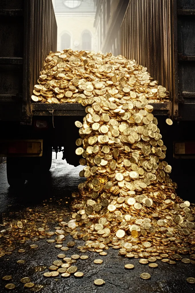 A large truck's open back spills forth an enormous pile of gold coins onto a dark, wet street.  The coins cascade from the truck bed, forming a glittering mountain that spreads across the asphalt.  The background shows a blurred city street, suggesting a scene of immense wealth or perhaps a heist. The dark setting emphasizes the gold's brilliance and quantity.