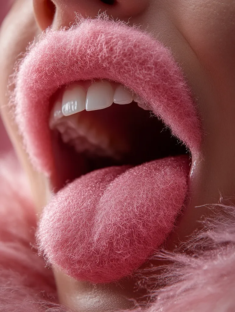Close-up of a person's mouth with lips and tongue coated in a fluffy, pink substance. The texture is strikingly soft and fuzzy, contrasting with the smooth skin and white teeth visible within the open mouth. The overall effect is surreal and slightly unsettling, suggestive of a fantasy or artistic concept.  The pink fur or fabric surrounding the mouth enhances the whimsical and unusual nature of the image.