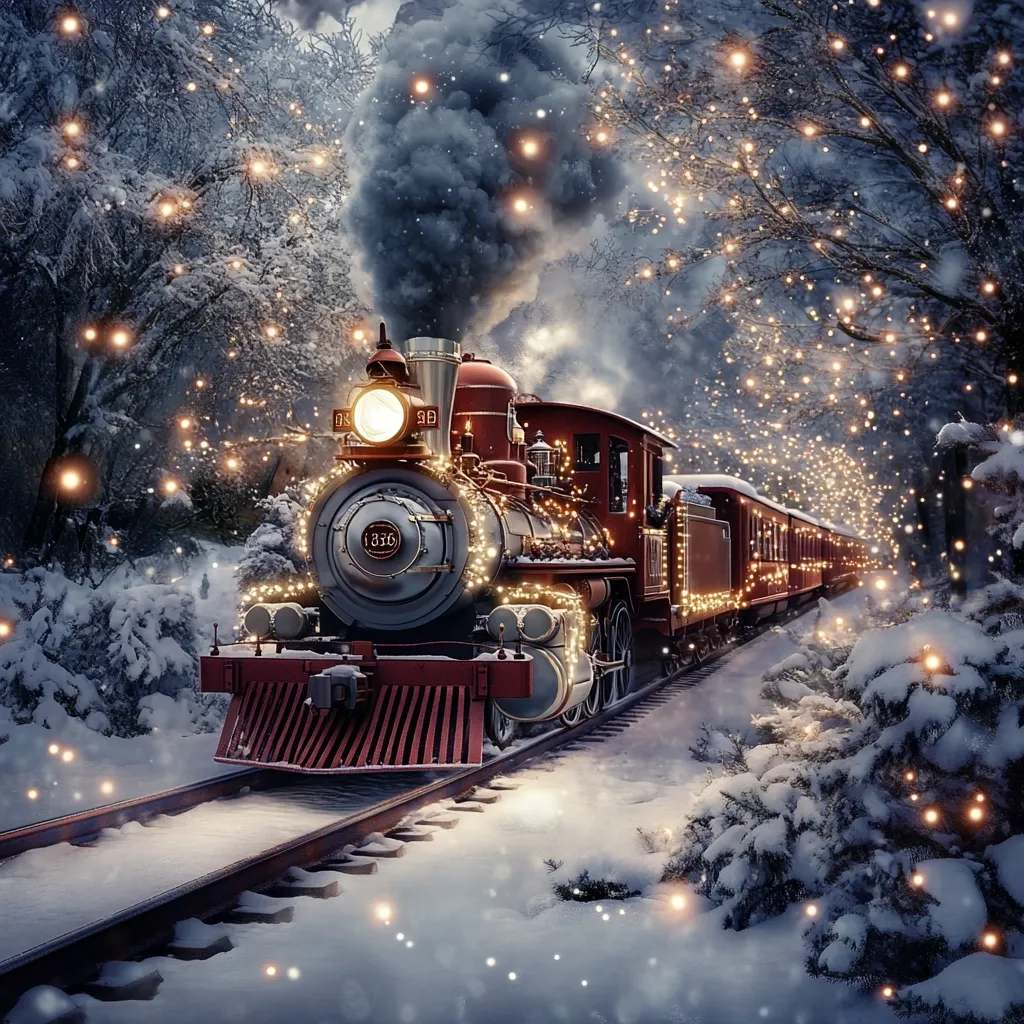 A magical Christmas scene unfolds with a vintage red steam train, adorned with twinkling lights, chugging through a snow-covered forest.  The train, number 1836, billows smoke against a backdrop of snow-laden trees illuminated by warm, golden lights.  Falling snow adds to the enchanting atmosphere, creating a picturesque winter wonderland. The overall mood is festive and nostalgic, evoking the spirit of a classic Christmas journey.