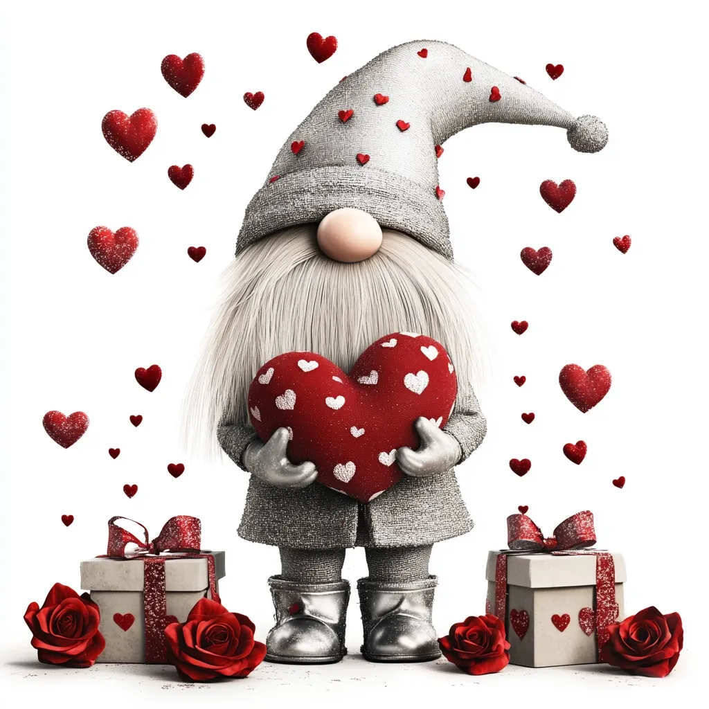 A charming 3D-rendered gnome, adorned in a silver hat and coat, holds a large red heart covered in smaller hearts.  He stands amidst a shower of falling red hearts and beside two elegantly wrapped gifts, accented by red roses. The overall image evokes a sweet and romantic Valentine's Day theme, with a whimsical, endearing quality.  The gnome's expression is gentle and heartwarming.