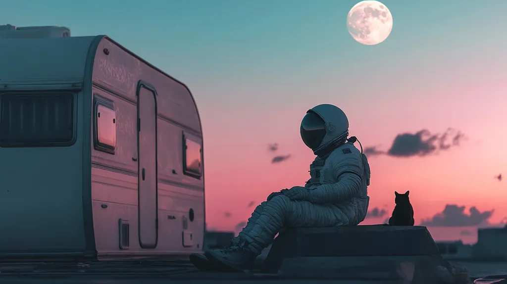 Here's a description of the image:

The image depicts a surreal scene at sunset. A lone astronaut in a spacesuit sits on a rooftop, gazing pensively at a large, full moon in the sky. Beside him sits a small black cat.  A vintage campervan is parked nearby. The overall color palette is soft and muted, with pinks and purples dominating the twilight sky. The scene has a melancholic and dreamlike quality, suggesting a feeling of solitude and contemplation.