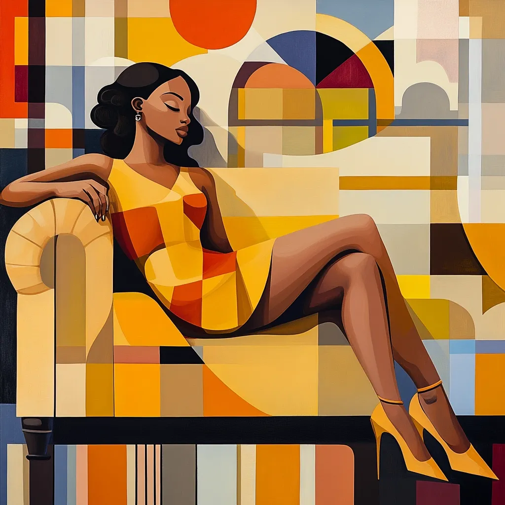 A stylized painting depicts a Black woman in a yellow and orange geometric dress, reclining on a similarly patterned couch.  Her pose is relaxed, her eyes closed in repose. The background is a vibrant abstract composition of geometric shapes in warm tones, suggesting a modern art style, possibly influenced by Cubism or Art Deco. The overall effect is one of sophisticated elegance and calm.
