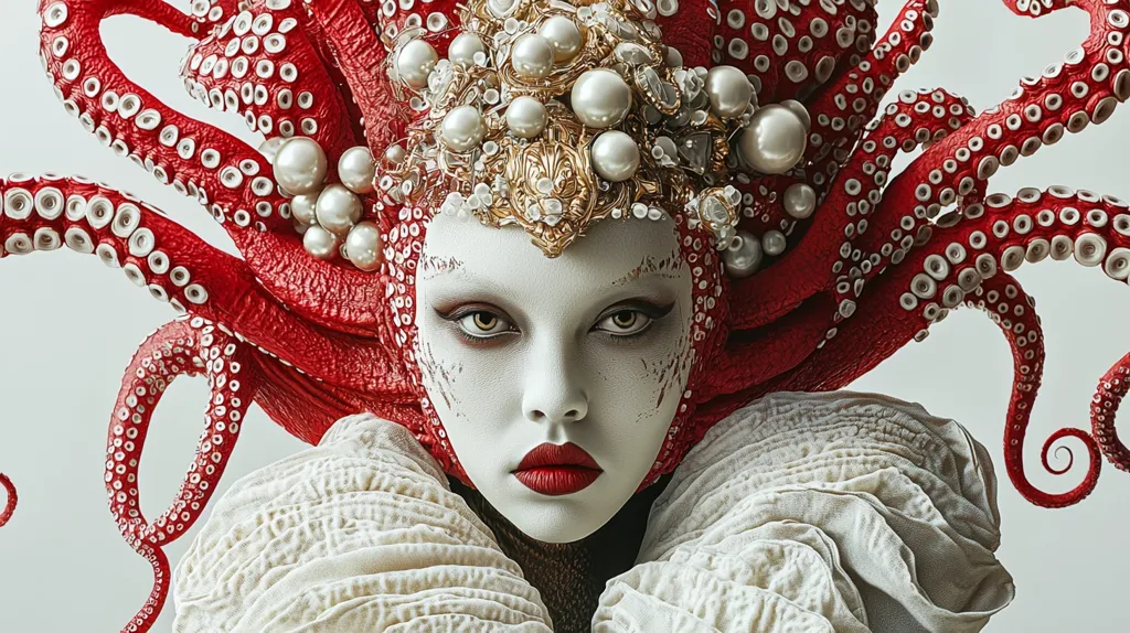 A striking digital portrait showcases a woman adorned with a vibrant red octopus headdress.  The octopus's tentacles, detailed with textured suction cups, frame her face.  Her makeup is dramatic, featuring pale skin, dark eyes, and a bold red lip.  A golden crown, interspersed with pearls, adds to the opulent and surreal aesthetic.  The overall effect is both elegant and otherworldly, creating a captivating image.